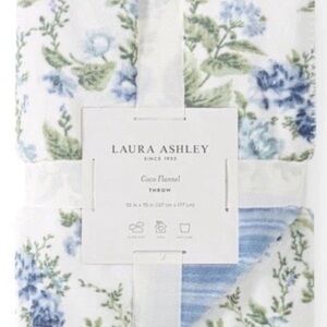 Laura Ashley Oliviette Blue/Green Floral Reversible Coco Flannel Blanket ~ 50x70